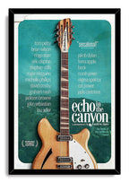 Echo in the Canyon framed wall art print with a black border, wood electric guitar, teal canyon backdrop, and white typography.