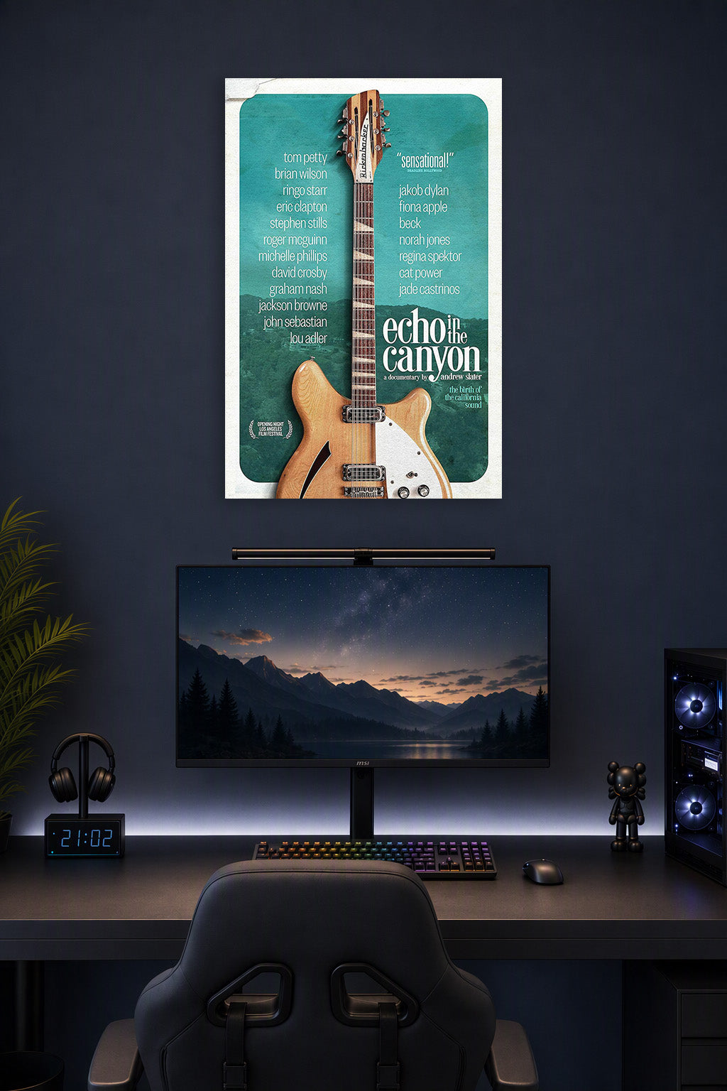 Echo in the Canyon Movie Poster with Musicians in a gaming desk setup above a monitor.