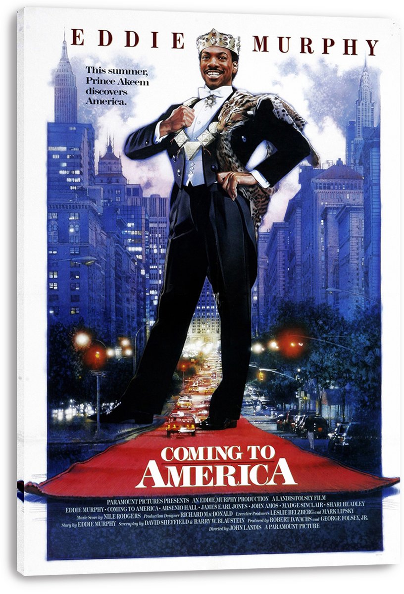 Coming to America canvas wall art print featuring Prince Akeem in a crown and fur-trimmed formal suit above a red carpet.