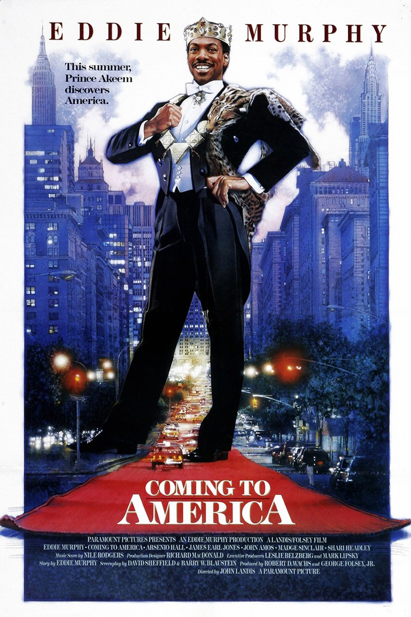 Coming to America poster featuring Eddie Murphy as crowned Prince Akeem in formal black attire before a blue New York skyline.