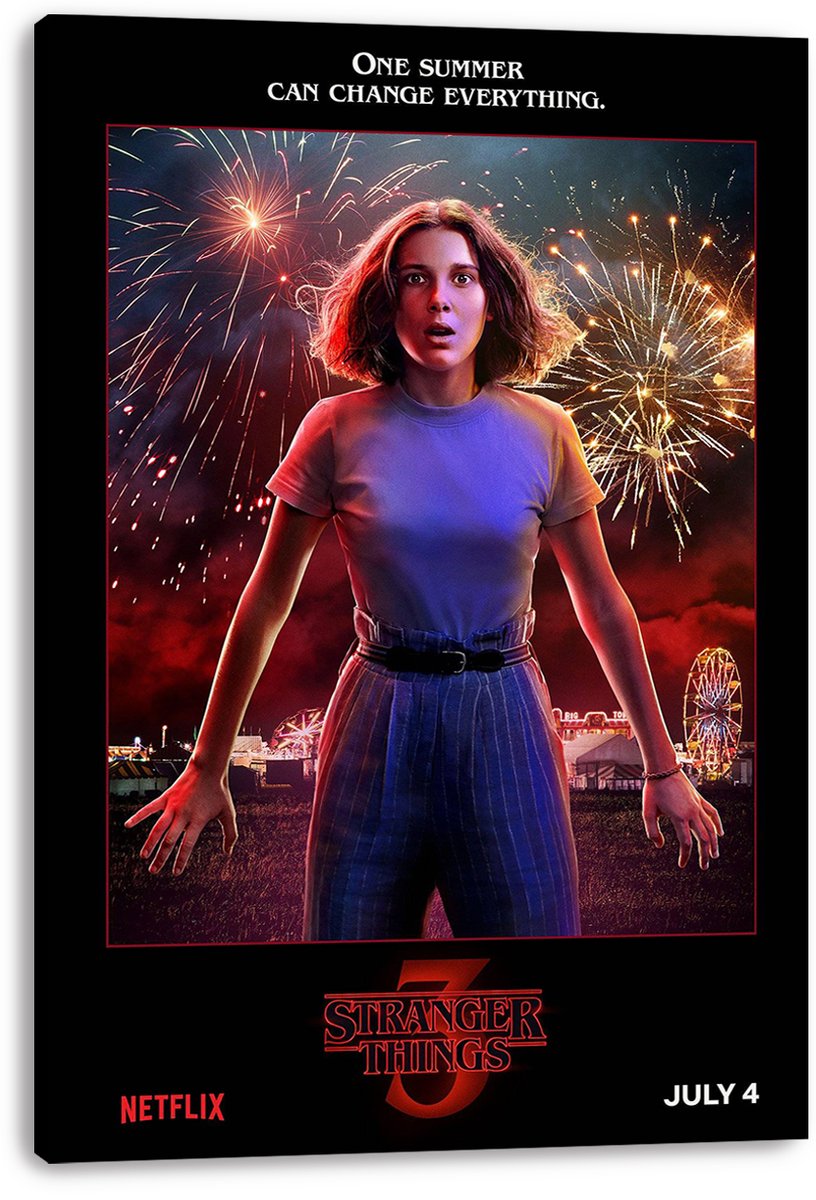Eleven Stranger Things canvas wall art print displays Eleven in blue and striped pants beneath fireworks at a nighttime fairground.
