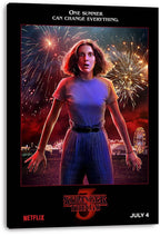 Eleven Stranger Things canvas wall art print displays Eleven in blue and striped pants beneath fireworks at a nighttime fairground.