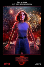 Eleven Stranger Things poster features Eleven before red and gold fireworks above a glowing fairground, with series text.
