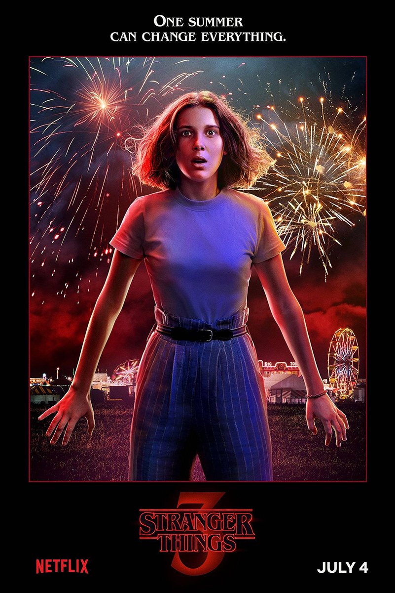 Eleven Stranger Things poster features Eleven before red and gold fireworks above a glowing fairground, with series text.