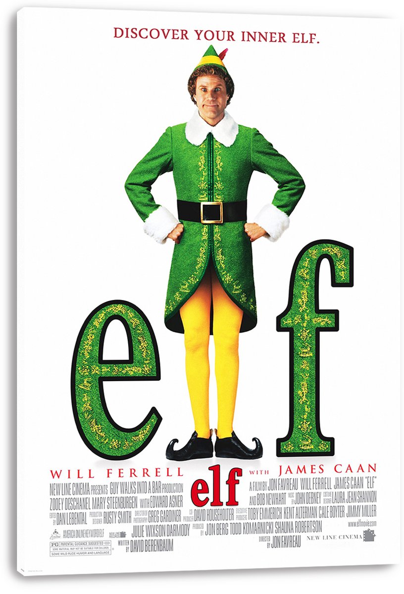 Elf movie poster canvas print featuring Buddy standing hands on hips in a green coat, yellow tights, and curled black shoes.