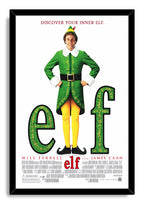 Elf movie poster wall art print in a black frame, featuring Buddy in green beside large textured green elf lettering.