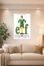 Elf Movie Poster in a bright living room above a beige sofa.