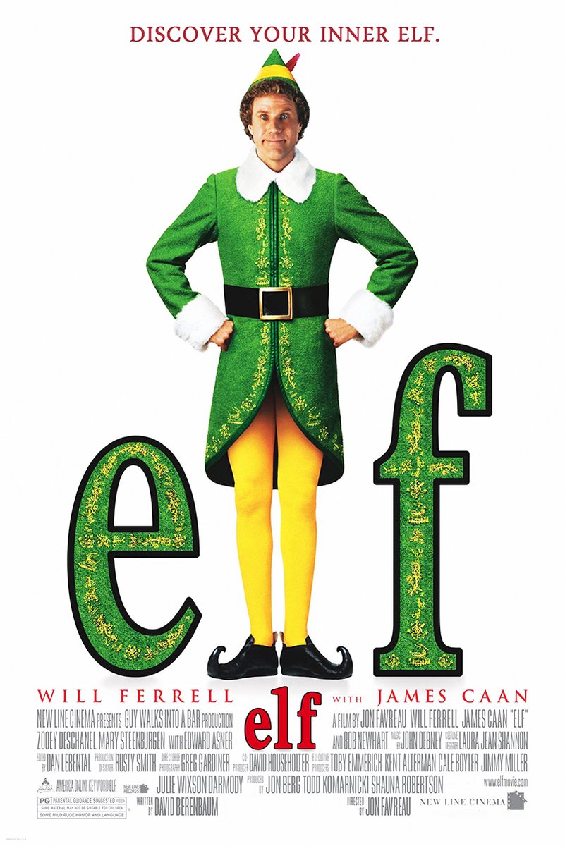 Elf movie poster wall art print featuring Will Ferrell in a green elf suit, yellow tights, and oversized green title letters.