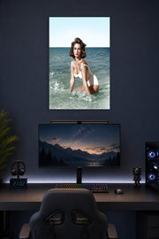 Elizabeth Taylor in a gaming desk setup above a monitor.
