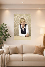 Ellen DeGeneres in a bright living room above a beige sofa.