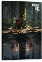 The Last of Us Part II canvas wall art print features Ellie with a guitar in a sunlit forest and an upside-down, shadowy reflection below.