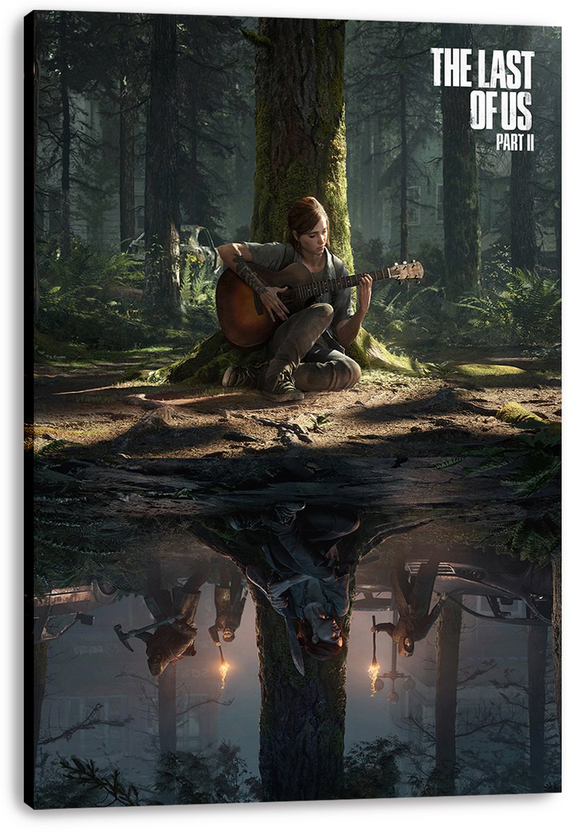 The Last of Us Part II canvas wall art print features Ellie with a guitar in a sunlit forest and an upside-down, shadowy reflection below.