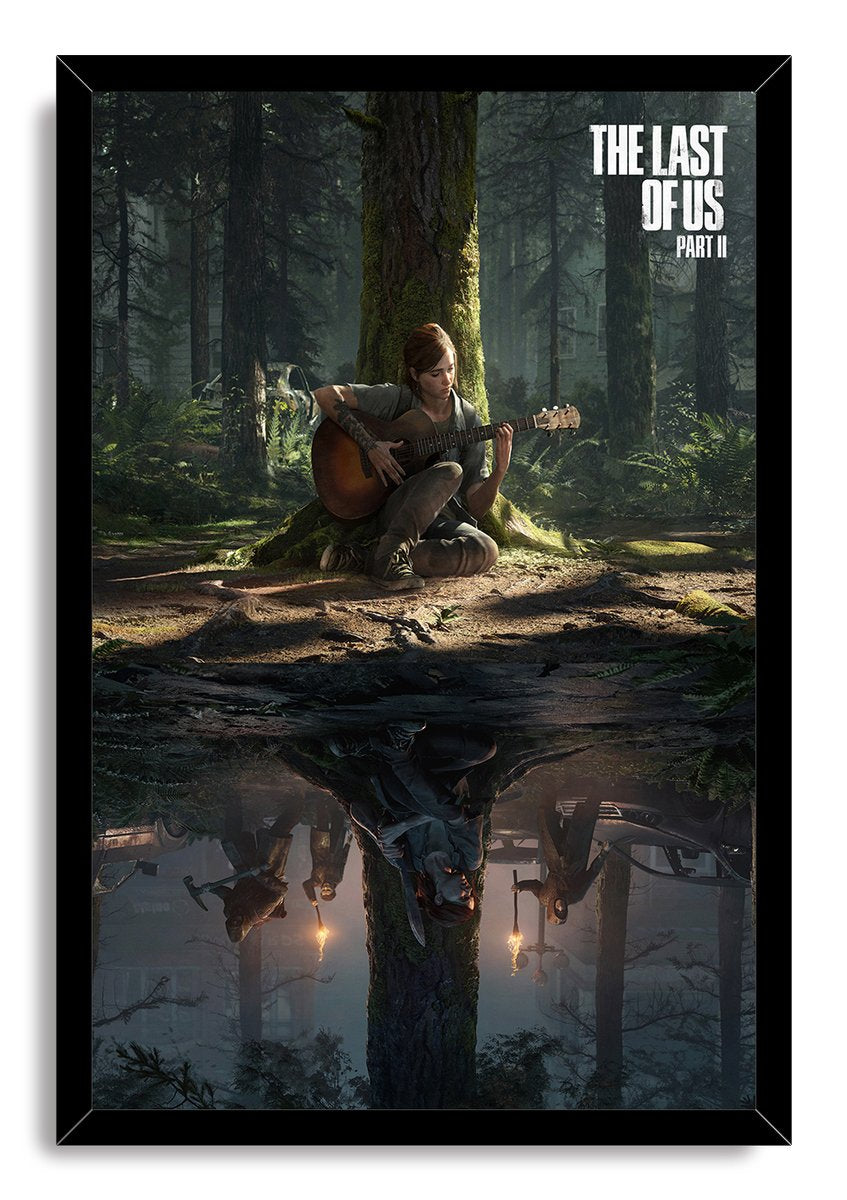 The Last of Us Part II framed wall art print portrays Ellie seated with a guitar by a mossy tree, contrasted with an inverted nighttime scene.