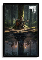 The Last of Us Part II framed wall art print portrays Ellie seated with a guitar by a mossy tree, contrasted with an inverted nighttime scene.