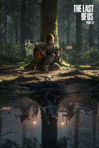 The Last of Us Part II poster depicts Ellie playing an acoustic guitar beneath a mossy tree, above an inverted armed group in a dark forest.
