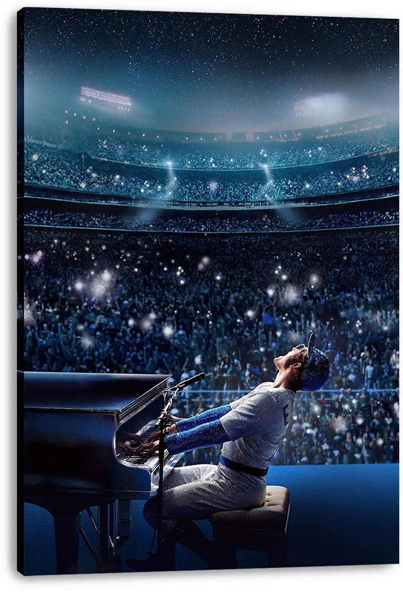 Elton John Rocketman canvas wall art print features a silver-clad pianist leaning back at a black piano amid glowing stadium lights.