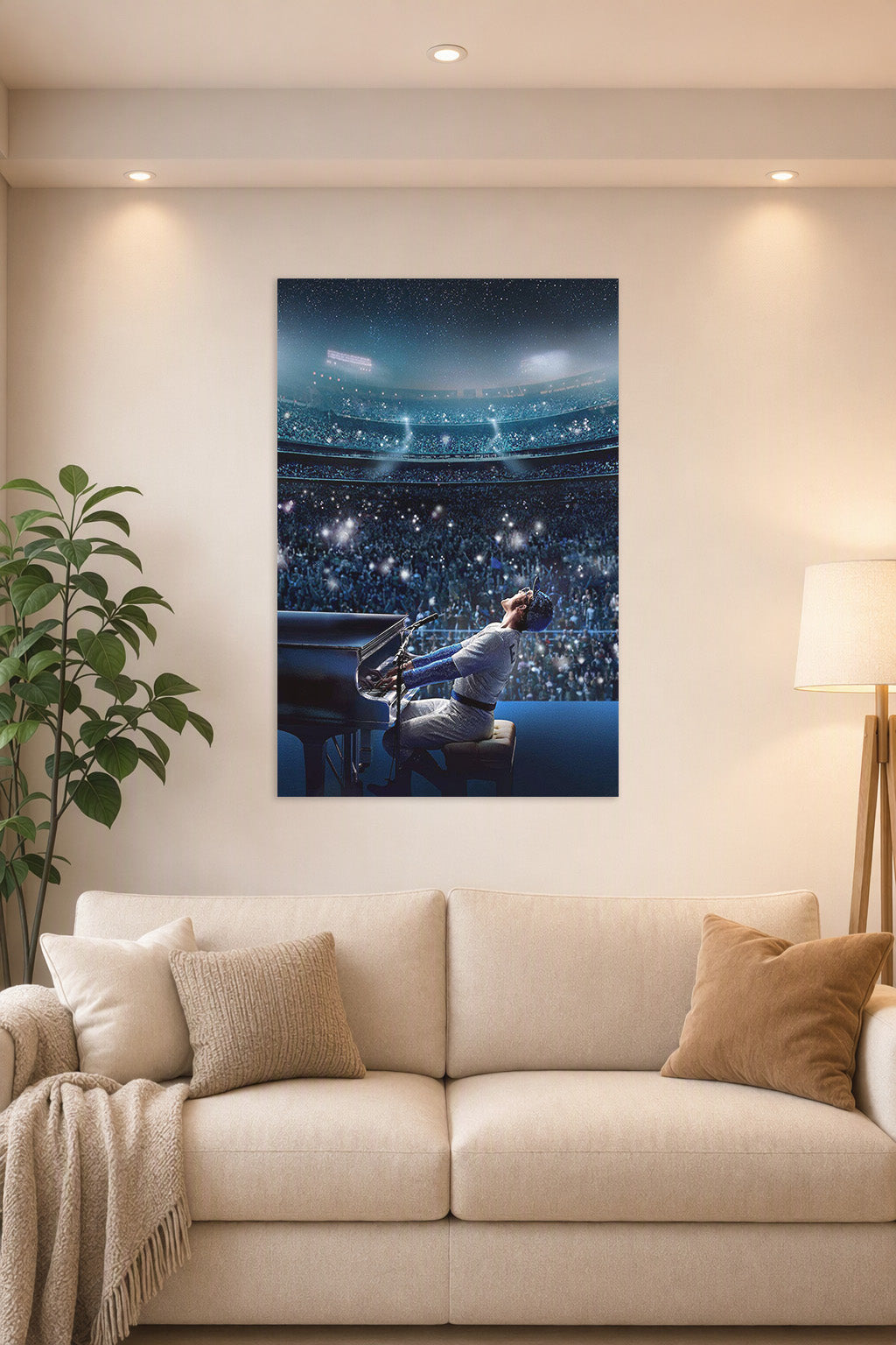 Elton John Rocketman Concert in a bright living room above a beige sofa.
