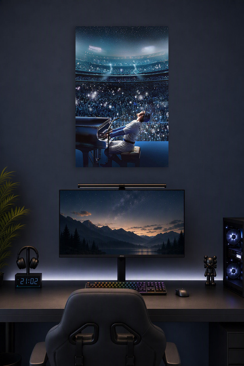 Elton John Rocketman Concert in a gaming desk setup above a monitor.