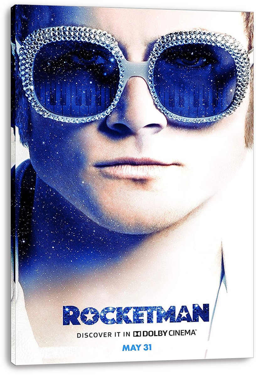 Rocketman canvas wall art print featuring a close-up of Elton John in glittering glasses reflecting blue stars and piano keys.