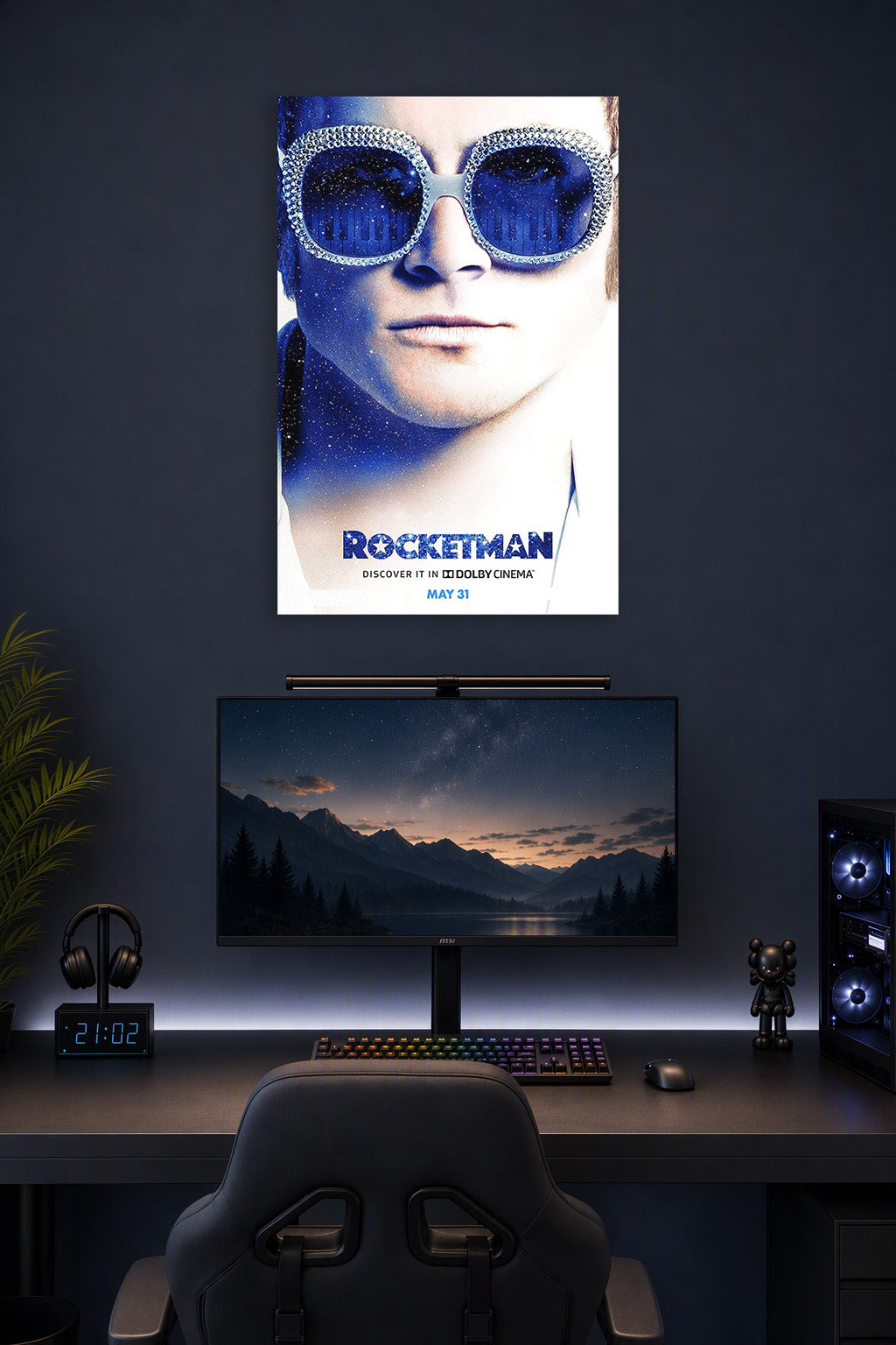 Elton John Rocketman Movie in a gaming desk setup above a monitor.