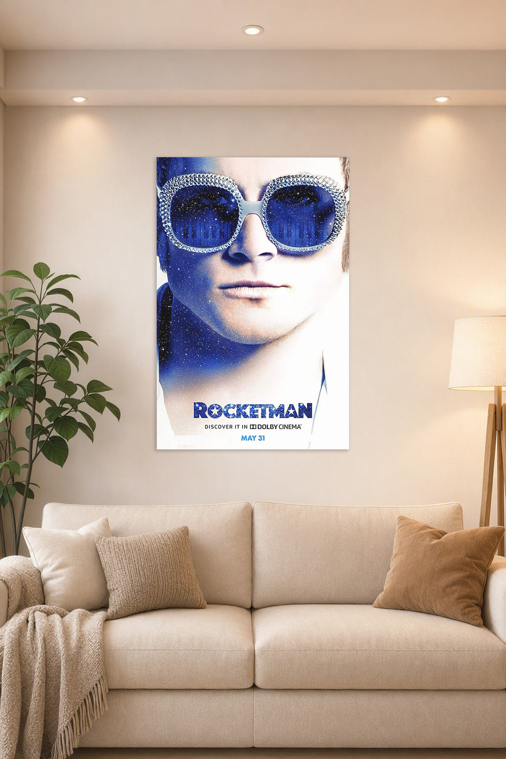 Elton John Rocketman Movie in a bright living room above a beige sofa.