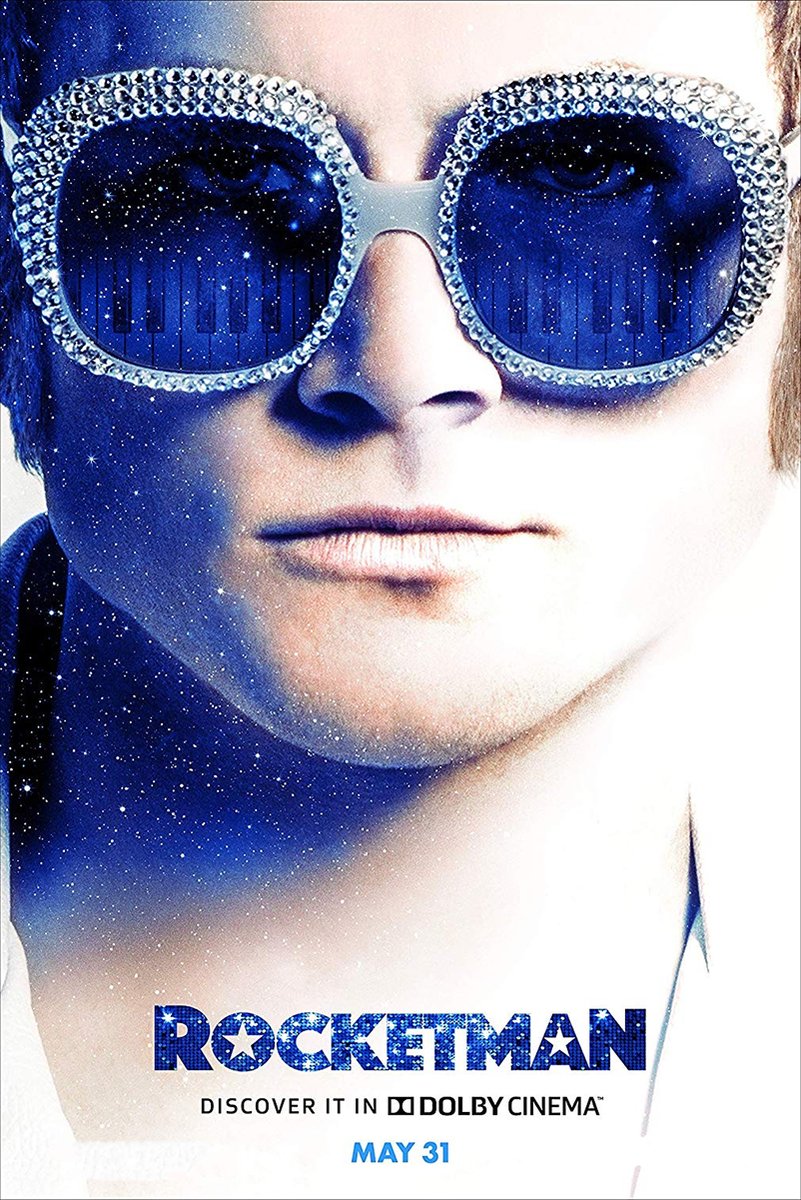 Rocketman movie poster wall art print featuring Elton John in crystal-rimmed sunglasses with starry piano-key lenses.