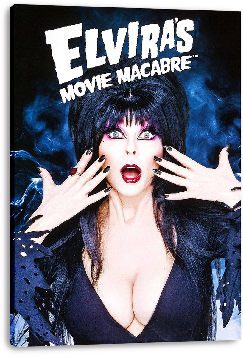 Elvira canvas wall art print presents the surprised horror icon in a black gown, surrounded by blue smoke and bold white lettering.