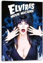 Elvira canvas wall art print presents the surprised horror icon in a black gown, surrounded by blue smoke and bold white lettering.