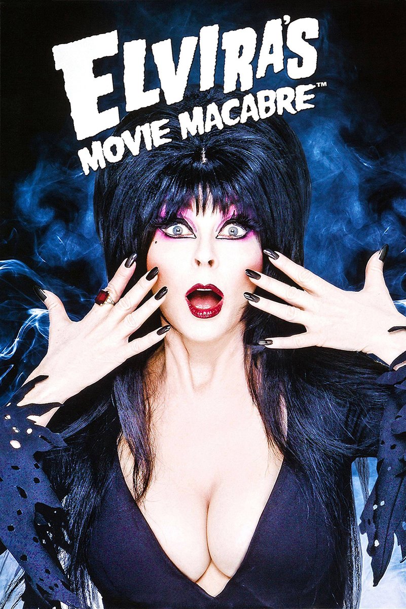 Elvira poster features the horror hostess with black beehive hair, red lips, raised hands, and blue smoke beneath white title text.