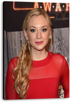 Emily Kinney canvas wall art print displaying her blonde braided hairstyle, red top, and a dark event backdrop with neon letters.