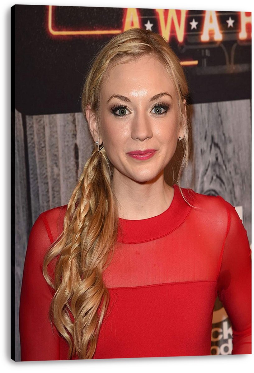 Emily Kinney canvas wall art print displaying her blonde braided hairstyle, red top, and a dark event backdrop with neon letters.