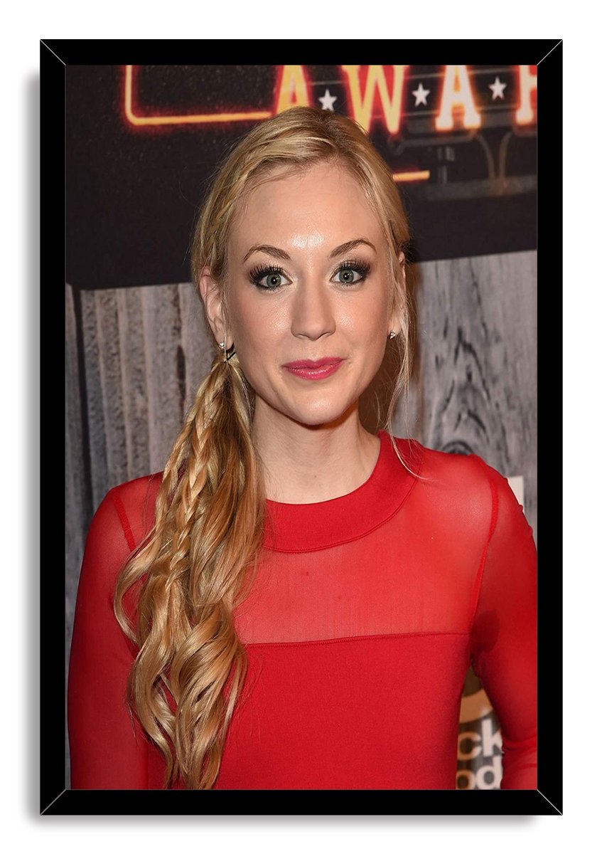 Emily Kinney framed wall art print featuring a close portrait of her in red, set within a glossy black rectangular frame.