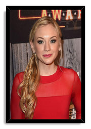 Emily Kinney framed wall art print featuring a close portrait of her in red, set within a glossy black rectangular frame.