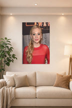 Emily Kinney in a bright living room above a beige sofa.