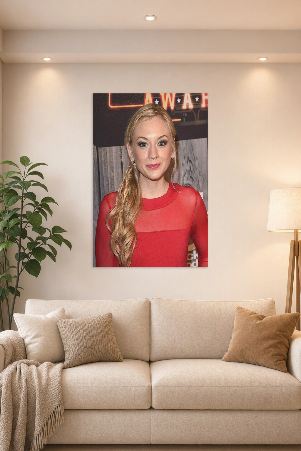 Emily Kinney in a bright living room above a beige sofa.
