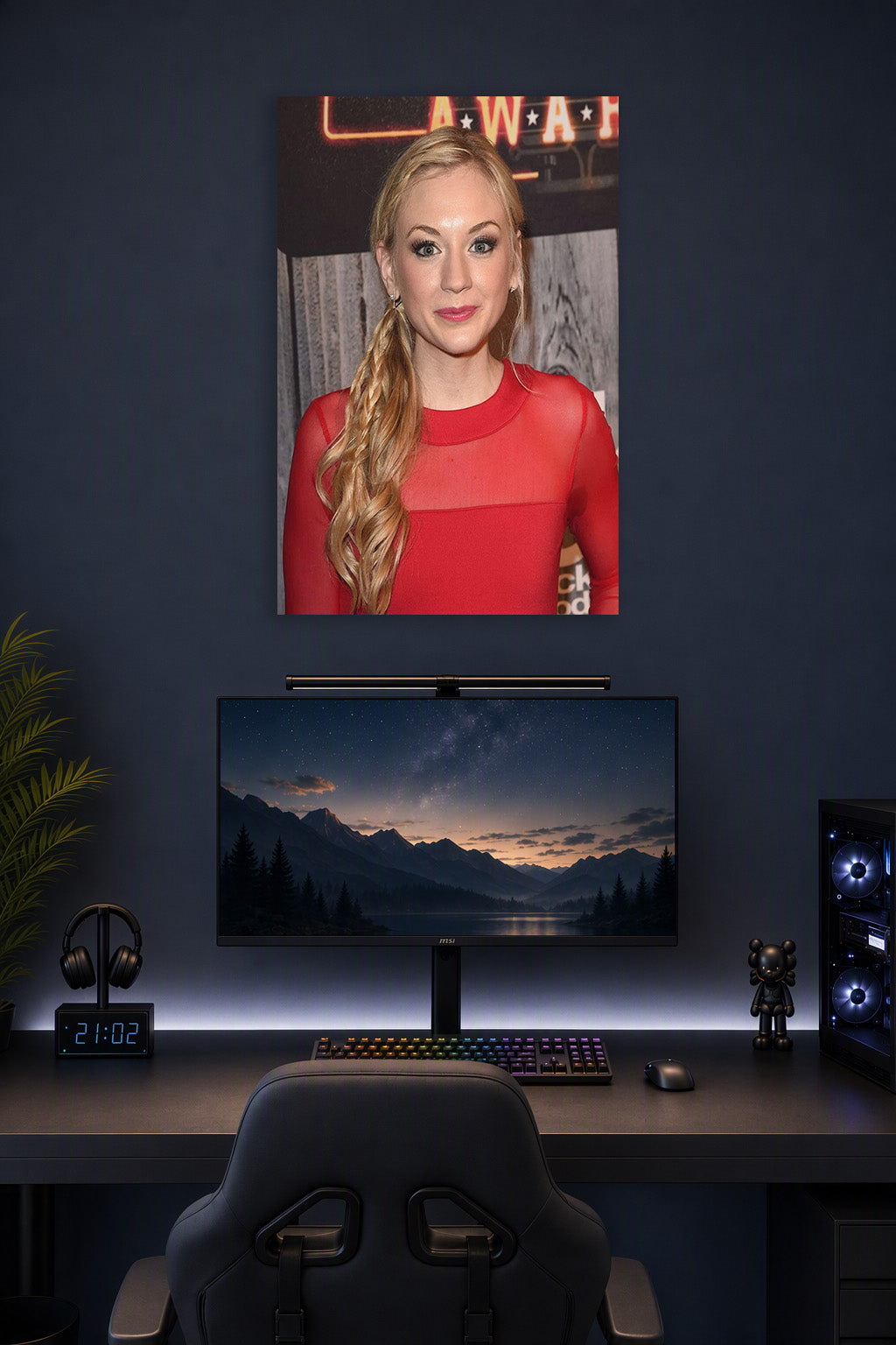 Emily Kinney in a gaming desk setup above a monitor.
