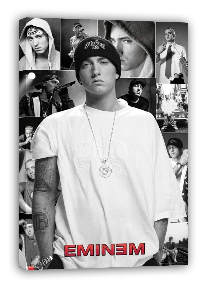 Eminem canvas wall art print displays a grayscale portrait in a beanie and chain, surrounded by smaller photos, with bold red EMINEM lettering below.