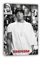 Eminem canvas wall art print displays a grayscale portrait in a beanie and chain, surrounded by smaller photos, with bold red EMINEM lettering below.