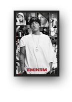 Eminem framed wall art print presents a black-and-white collage of the rapper in portraits and performance scenes, finished with red EMINEM text.