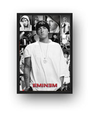 Eminem framed wall art print presents a black-and-white collage of the rapper in portraits and performance scenes, finished with red EMINEM text.