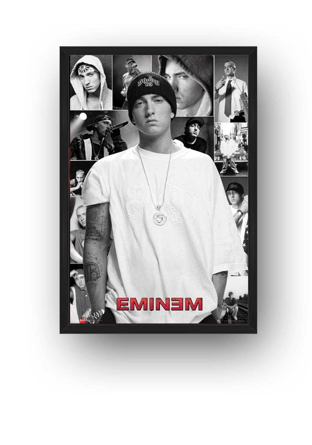 Eminem framed wall art print presents a black-and-white collage of the rapper in portraits and performance scenes, finished with red EMINEM text.