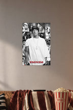 Eminem Collage Singer in a cozy movie room above a brown sofa with popcorn.