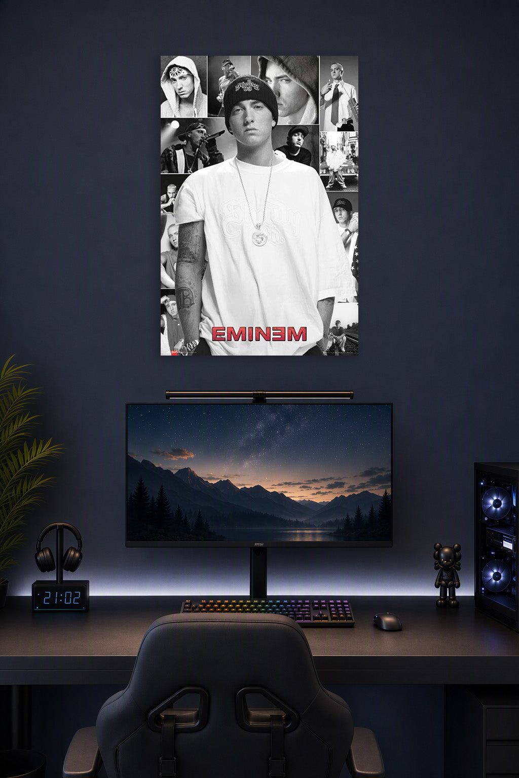 Eminem Collage Singer in a gaming desk setup above a monitor.