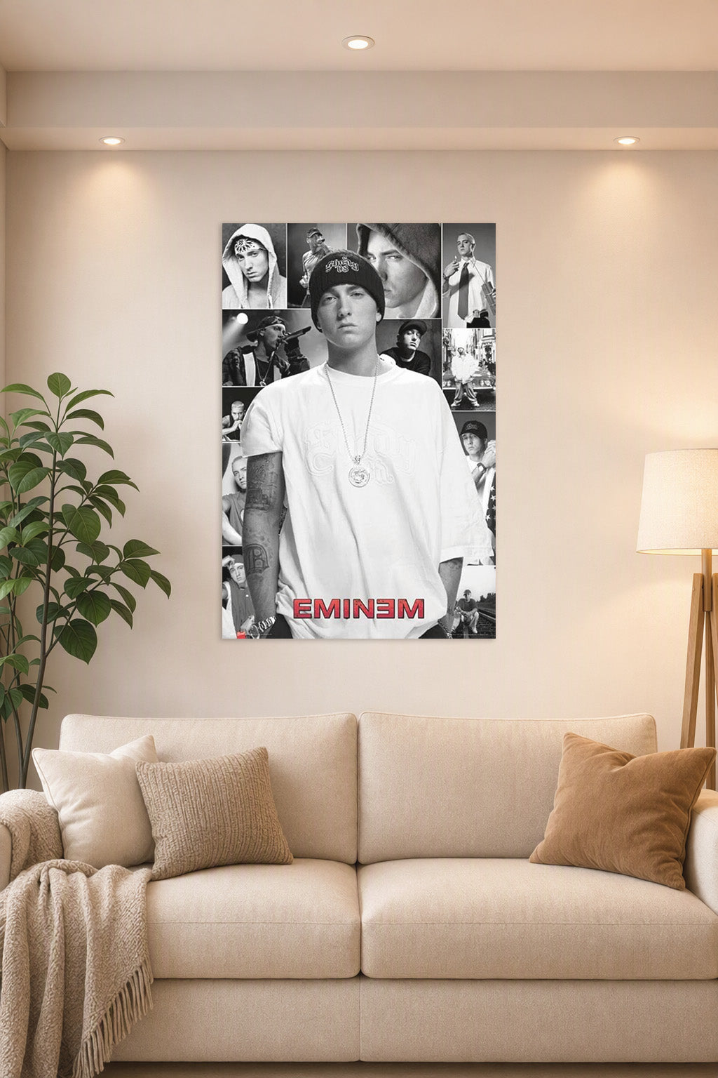 Eminem Collage Singer in a bright living room above a beige sofa.