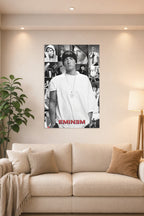 Eminem Collage Singer in a bright living room above a beige sofa.
