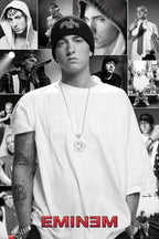 Eminem collage poster features a central black-and-white portrait in a beanie and white T-shirt, surrounded by performance and street scenes with red name text.
