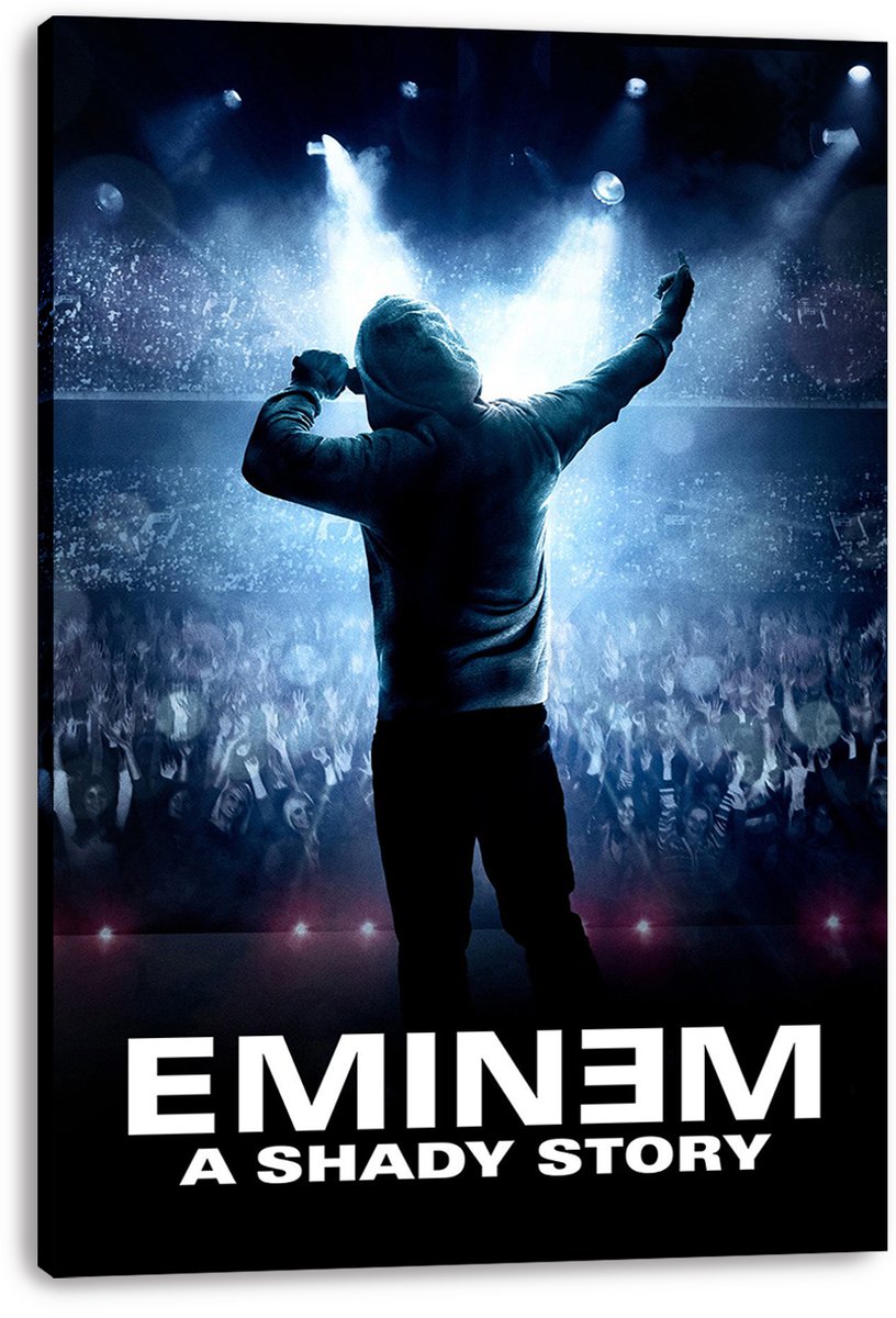 Eminem canvas wall art print displays a hooded rapper onstage, arm raised toward a packed blue-lit audience, with “A Shady Story” lettering.