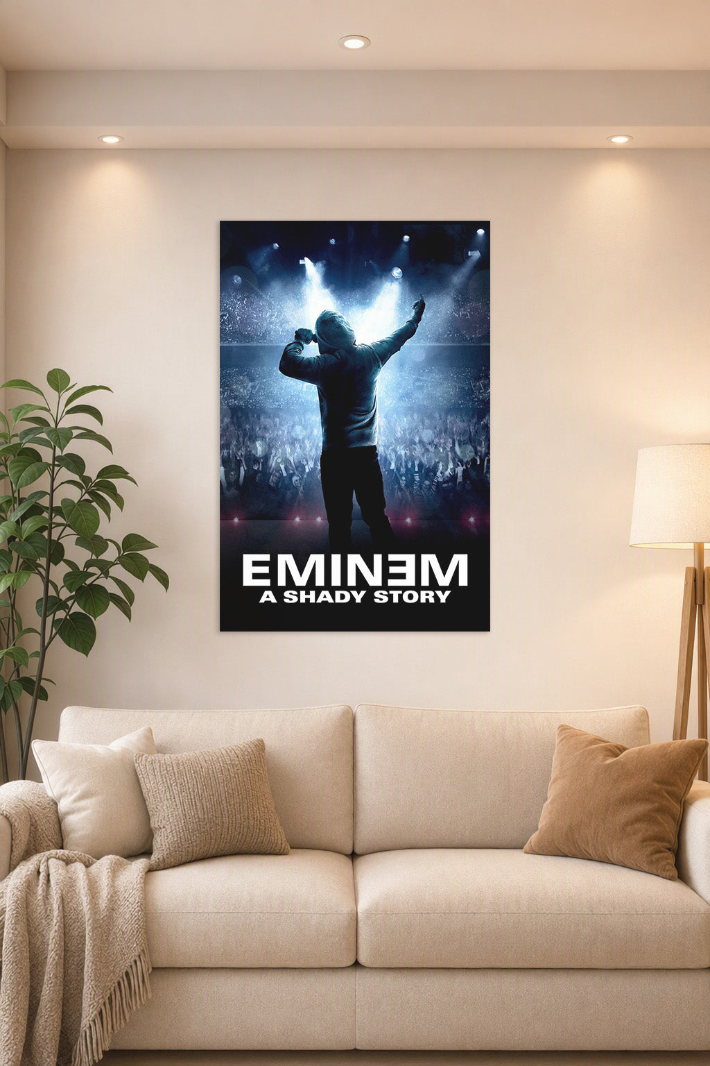 Eminem in a bright living room above a beige sofa.