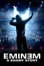 Eminem poster features a hooded performer with microphone raised before a cheering crowd under dramatic blue spotlights and bold white title text.