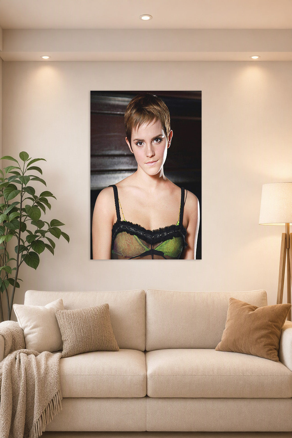 Emma Watson in a bright living room above a beige sofa.